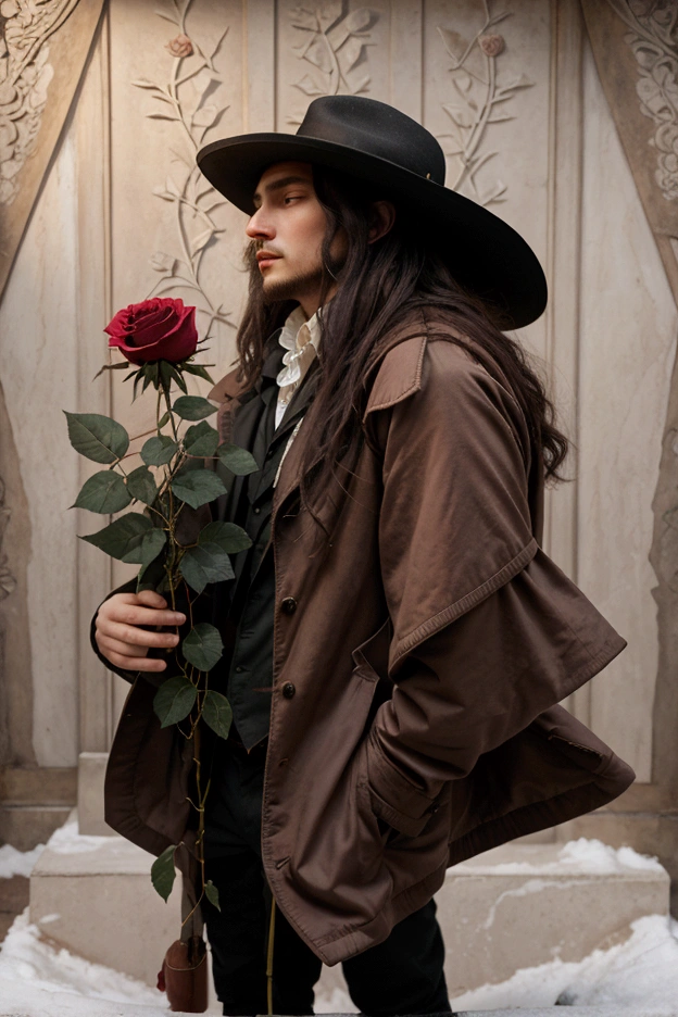 there is a man in a hat and coat holding a rose, inspired by Ivan Kramskoi, romanticism portrait, inspired by Eugene von Guerard, inspired by Théodore Chasseriau, inspired by Francesco Hayez, melanchonic rose soft light, holding a rose, inspired by Édouard Manet, inspired by Jean Jouvenet