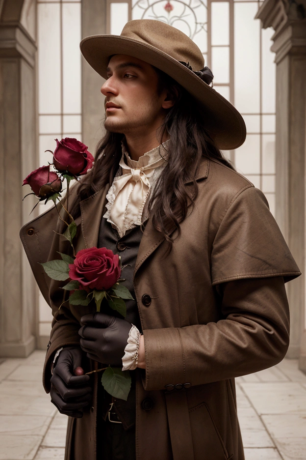 there is a man in a hat and coat holding a rose, inspired by Ivan Kramskoi, romanticism portrait, inspired by Eugene von Guerard, inspired by Théodore Chasseriau, inspired by Francesco Hayez, melanchonic rose soft light, holding a rose, inspired by Édouard Manet, inspired by Jean Jouvenet