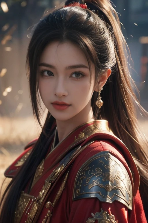 Game art，The best picture quality，Highest resolution，8K，(A bust photograph)，(Portrait from bust:1.5)，(Head close-up)，(Rule of thirds)，Unreal Engine 5 rendering works， (The Girl of the Future)，(Female Warrior)， 
20-year-old girl，(The warrior in ancient China)，(Short ponytail hairstyle)，An eye rich in detail，(Big breasts)，Elegant and noble，indifferent，(Smile)，
(The costume of Chinese swordsman elements，Costumes of ancient Chinese characters，Armor，The costume is red and gold，Heavy armour，Joint Armor)，(Chinese Hanfu:1.3)，figure，Fantasy style，
Photo poses，Field background，Movie lights，Ray tracing，Game CG，((3D Unreal Engine))，oc rendering reflection pattern