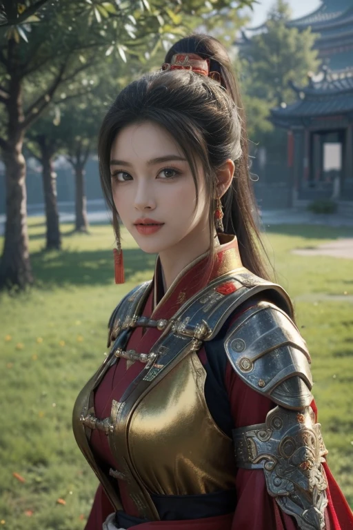 Game art，The best picture quality，Highest resolution，8K，(A bust photograph)，(Portrait from bust:1.5)，(Head close-up)，(Rule of thirds)，Unreal Engine 5 rendering works， (The Girl of the Future)，(Female Warrior)， 
20-year-old girl，(The warrior in ancient China)，(Short ponytail hairstyle)，An eye rich in detail，(Big breasts)，Elegant and noble，indifferent，(Smile)，
(The costume of Chinese swordsman elements，Costumes of ancient Chinese characters，Armor，The costume is red and gold，Heavy armour，Joint Armor)，(Chinese Hanfu:1.3)，figure，Fantasy style，
Photo poses，Field background，Movie lights，Ray tracing，Game CG，((3D Unreal Engine))，oc rendering reflection pattern