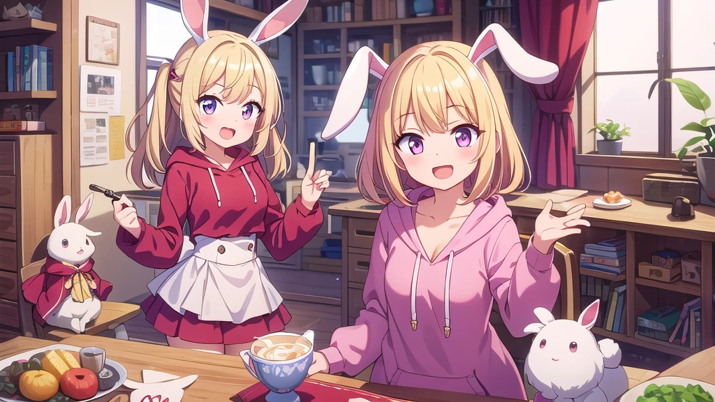 Masterpiece, best quality, high resolution, a girl, white bunny ears, blond hair, pink hoodie, red top, red petticoat, open mouth, smile,
