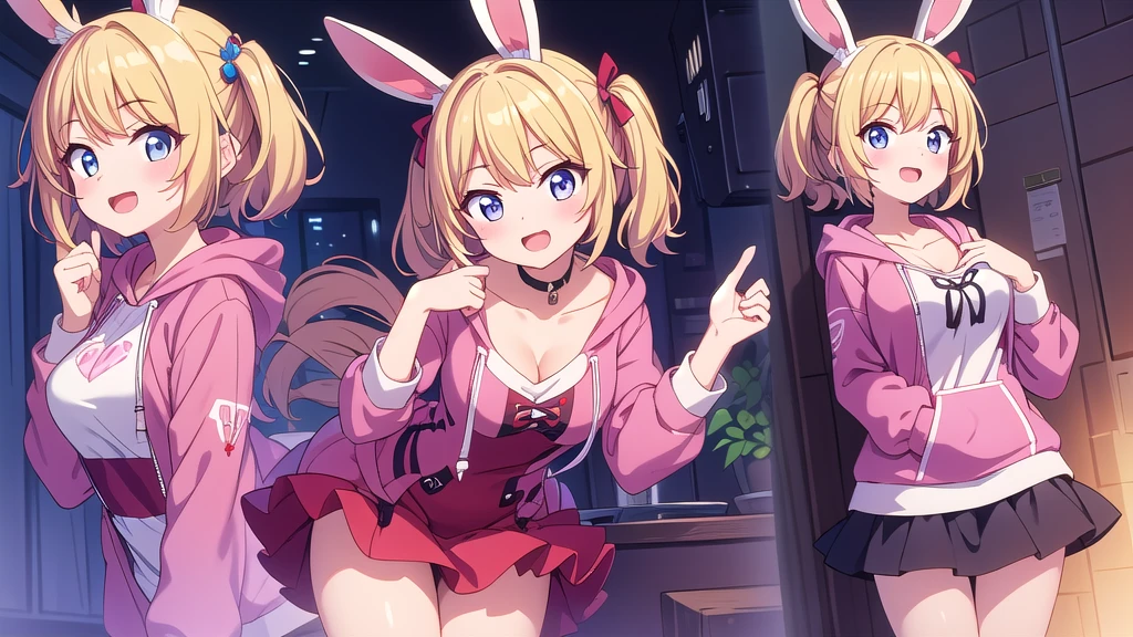 Masterpiece, best quality, high resolution, a girl, white bunny ears, blond hair, pink hoodie, red top, red petticoat, open mouth, smile,
