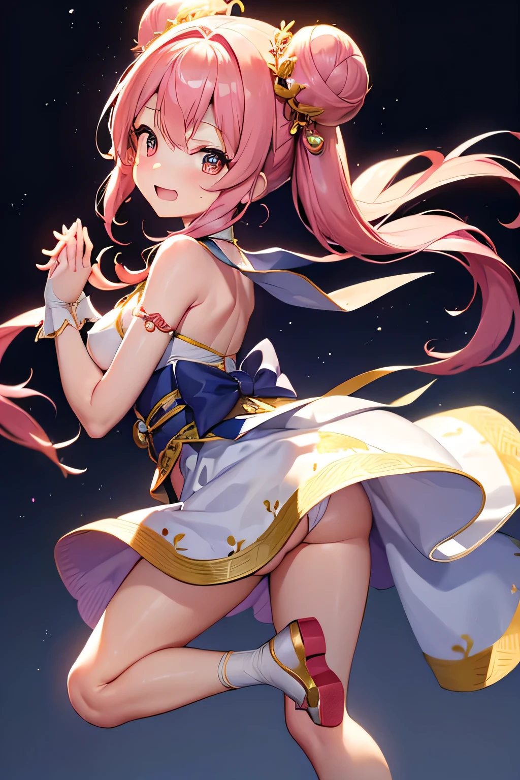 Highest quality、High resolution、Detailed Background、age beauty、Detailed face、Anatomically correct、(Normal number of fingers:1.2)、(Huge breasts:1.2)、cute hair color、Bun Hair、Perfect body line、(Lively girl dancing at the Bon Odori festival:1.5)、(Dance with your fingers together, hands together and raised high:1.5)、night、Festivals、A big smile、Cute patterned yukata、dancing lively、Waving your hands back and forth、Waving your hands left and right、Coordinated hand and foot movements、Traditional Japanese summer festivals、Bon Odori is held at night, so lanterns and other lights are lit up, creating a fantastic atmosphere.、cute