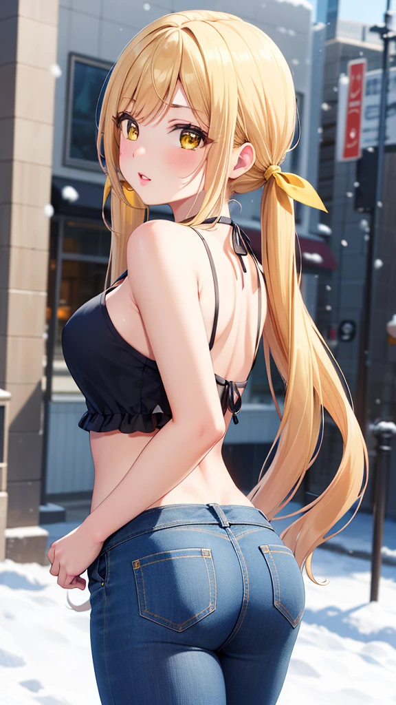 masterpiece, best quality, highly detailed, ultra high res, ayase arisa, karane inda 1girl, solo, long hair, bangs, blonde hair, twintails, very long hair, hair ribbon, (yellow eyes:1.3), low twintails, glossy lips, full lips, city, winter, snow, halter top, jeans, looking back at viewer