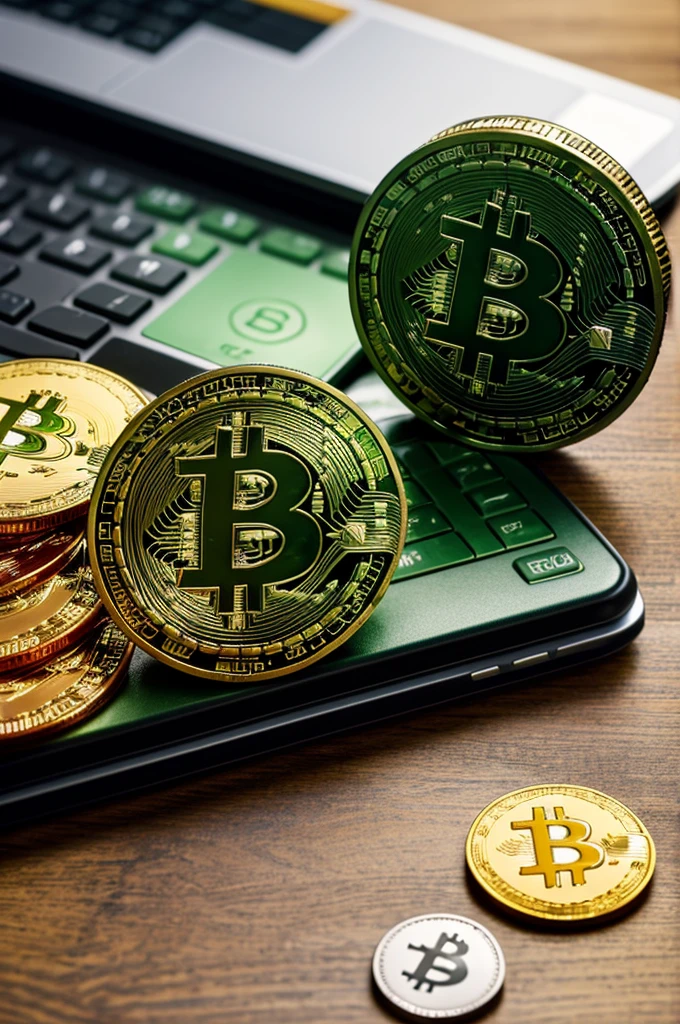 A cool image about trading and bitcoin with main coloré of yellow and green And money