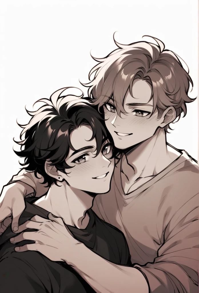 (best qualityer),, (portraite), hight contrast, two young boys hugging , curly hair, one smiling, White background, monochrome, sketch in black and color.