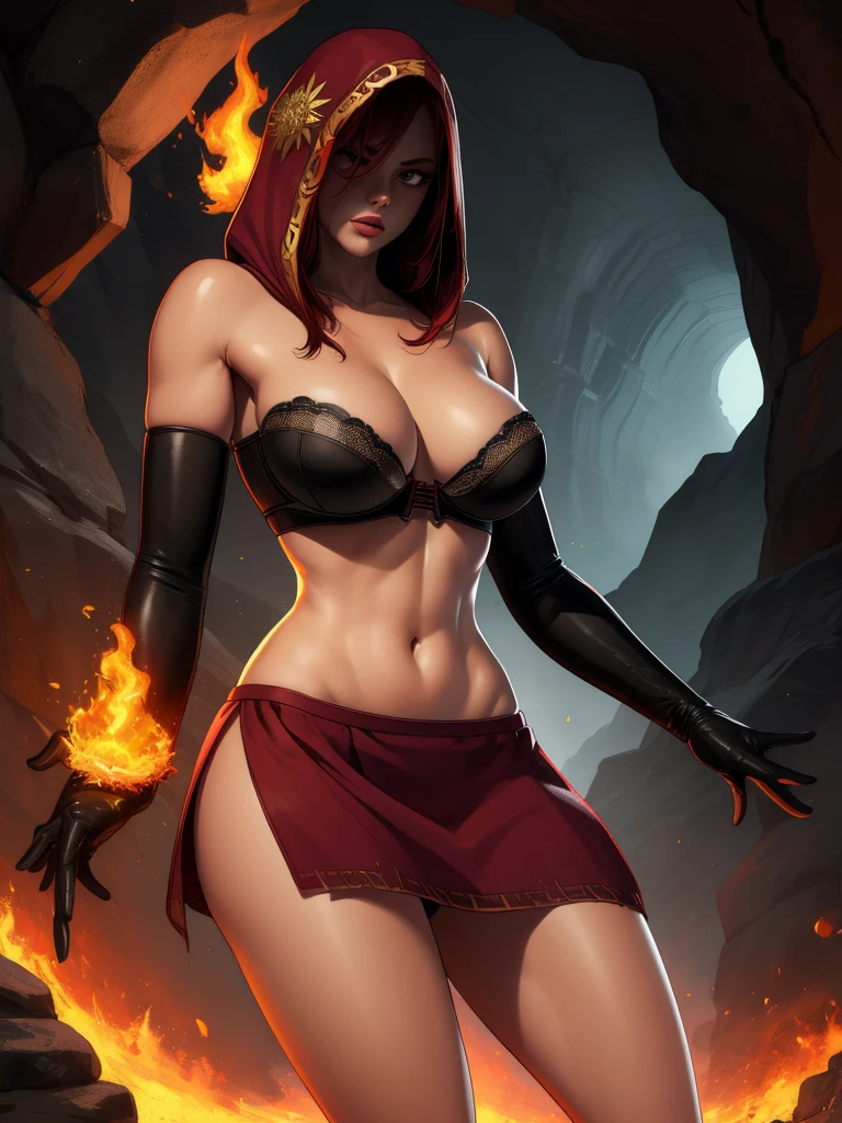 Dsorceress, redhair, shadowy face,dark cave, fire, hood, shadowed face, strapless bra, slim and athletic body, miniskirt, no panty, elbow gloves, dark skin, 1 girl (ly detailed, masterpiece, best quality)