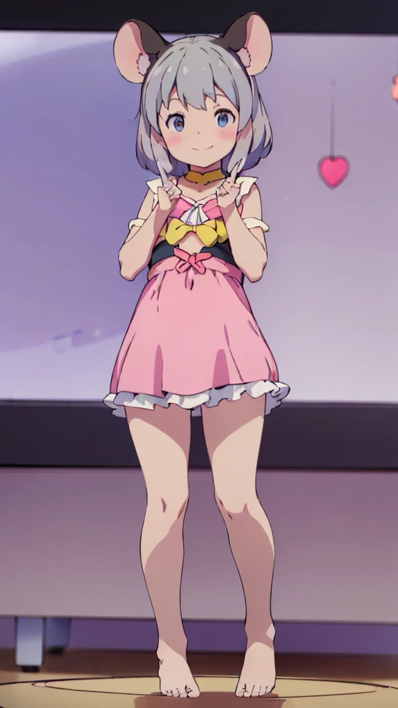 ((masterpiece))((Highest quality))Mouse Ears、girl、smile、blush、Flat Chest、Are thin、、low length、Gray Hair、blush、Are standing、Whole body image、Even your toes are visible、Eye level on face、front、No background、Mouse pose、真frontのアングル