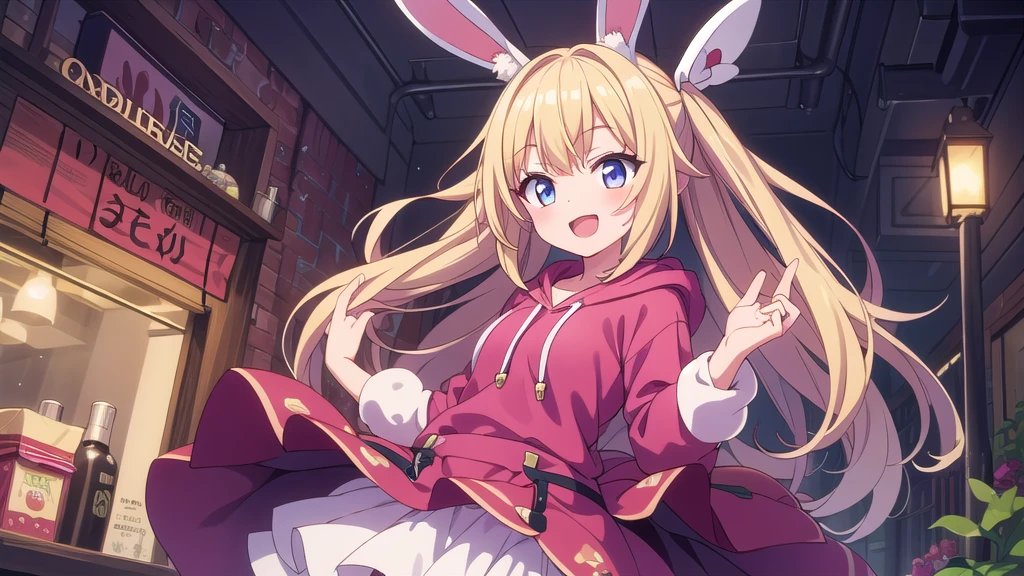Masterpiece, best quality, high resolution, a girl, white bunny ears, blond hair, pink hoodie, red top, red petticoat, open mouth, smile,