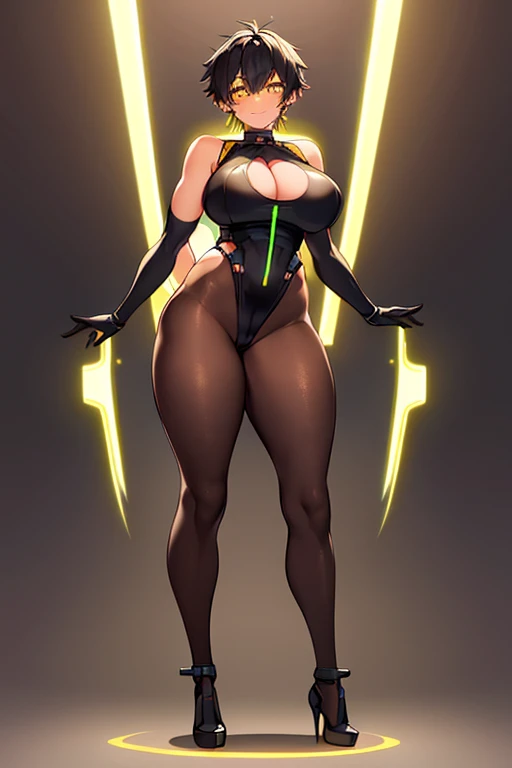 1girl, tan, tan skin, tomboy, thick thighs, yellow eyes, black hair, very short hair, spiked hair, pixie cut, large breasts, hourglass figure, bodysuit, black bodysuit, neon, neon trim, machinery, tech, science-fiction, futuristic, smile, standing, full body, ((full body)), pantyhose, black pantyhose