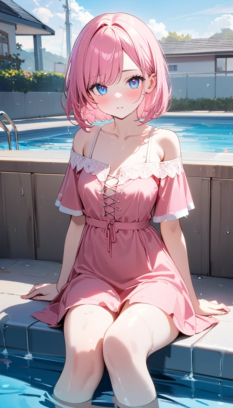 Random patterned swimsuit、Random patterned swimsuit,Swimsuit,Blushing、Medium semi-long hair、Pink Hair、Pale pink eyes 、Head to toe full body、Blushing、Embarrassed look、Composition from the front、A view from slightly below、school swimwear、Acme Face、Random pose、, 、nsfw、Highest quality、1 girl、solo、Ocean、Sandy Beach、Sexy pose、Random pose、Blushing、wet、Embarrassed、I can see half of my 、、One piece swimsuit、(Strap slip:1.3)、
