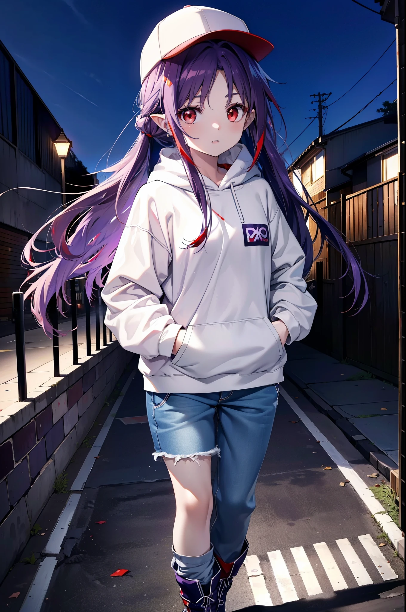 yuukikonno, Konno Yuuki,  Long Hair, Pointed Ears, Purple Hair, (Red eyes:1.5), (Small breasts:1.2), Open your mouth,Baseball hats,Oversized purple hoodie,jeans,Thick hem,boots,Walking,Graffiti wall,Daytime,Clear skies,Both hands are in the pockets of the hoodie、whole bodyがイラストに入るように,
break looking at viewer, whole body,
break outdoors, Alley,
break (masterpiece:1.2), Highest quality, High resolution, unity 8k wallpaper, (figure:0.8), (Beautiful attention to detail:1.6), Highly detailed face, Perfect lighting, Highly detailed CG, (Perfect hands, Perfect ???????),