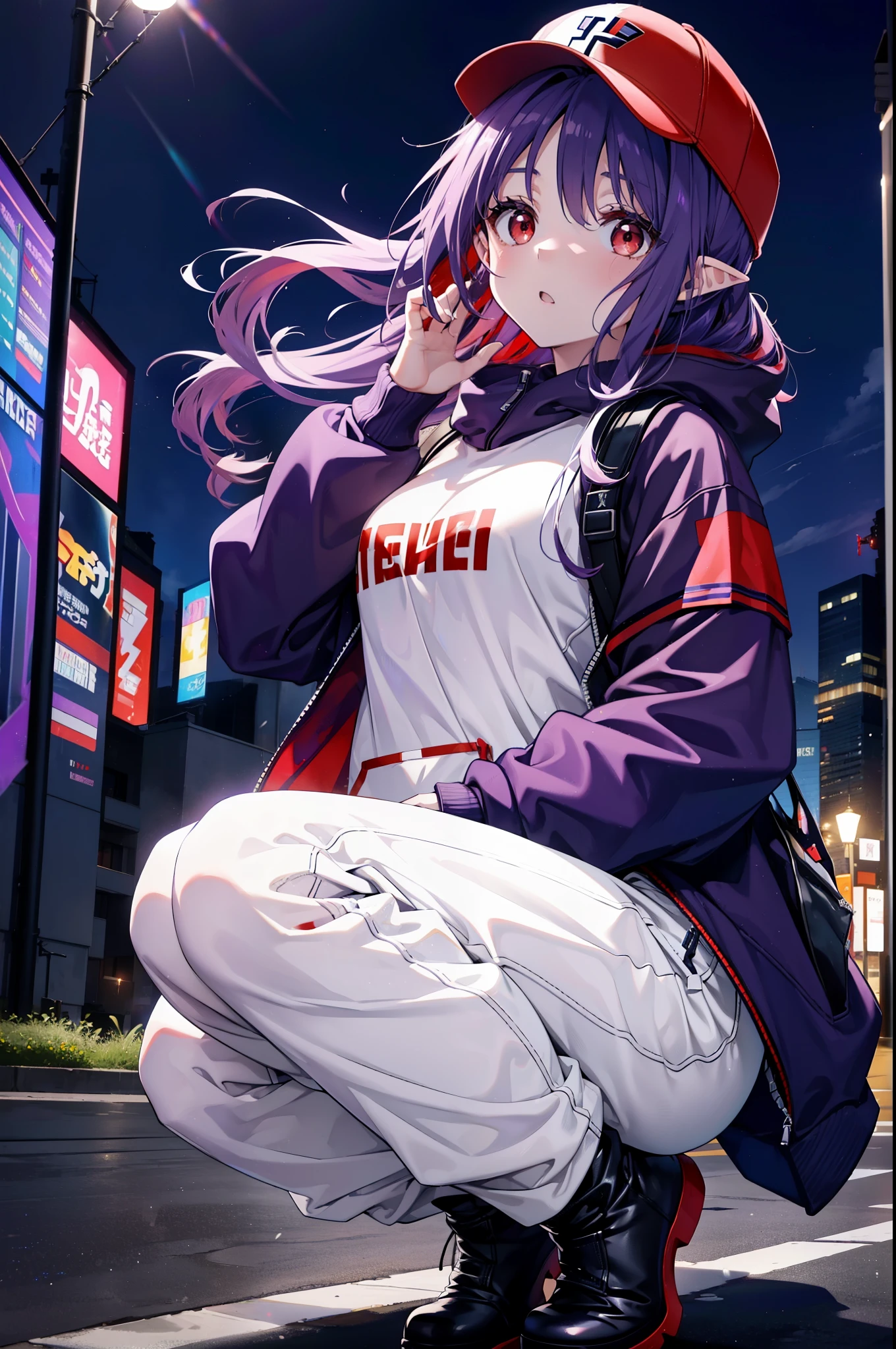 yuukikonno, Konno Yuuki, Long Hair, Pointed Ears, Purple Hair, (Red eyes:1.5), (Small breasts:1.2), Open your mouth,Baseball hats,Oversized purple hoodie,jeans,Thick hem,boots,Walking,Graffiti wall,Daytime,Clear skies,Both hands are in the pockets of the hoodie、whole bodyがイラストに入るように,
break looking at viewer, whole body,
break outdoors, Alley,
break (masterpiece:1.2), Highest quality, High resolution, unity 8k wallpaper, (figure:0.8), (Beautiful attention to detail:1.6), Highly detailed face, Perfect lighting, Highly detailed CG, (Perfect hands, Perfect Anatomy),