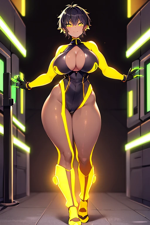 1girl, tan, tan skin, thick thighs, yellow eyes, black hair, very short hair, spiked hair, pixie cut, large breasts, hourglass figure, bodysuit, black bodysuit, neon, neon trim, machinery, tech, science-fiction, futuristic, smile, standing, full body, ((full body)), pantyhose, black pantyhose