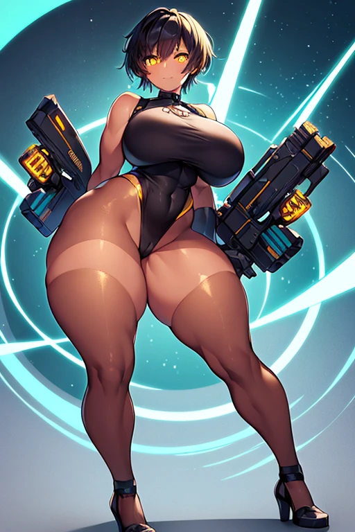 1girl, tan, tan skin, thick thighs, yellow eyes, black hair, very short hair, spiked hair, pixie cut, large breasts, hourglass figure, bodysuit, black bodysuit, neon, neon trim, machinery, tech, science-fiction, futuristic, smile, standing, full body, ((full body)), pantyhose, black pantyhose