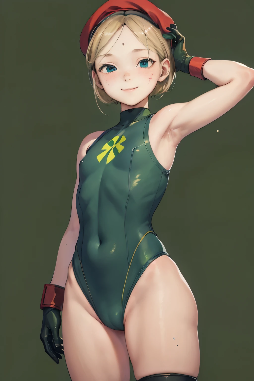 masterpiece , best quality, highres , sarah Miller , , 1girl, (Cammy white ) ,  blonde hair ,smug smile  , red beret, (green  Head Outfit:1.3), blue eyes, scar on cheek, green leotard, flat chest , sleeveless,  gloves  , Standing, sexy , background murro 