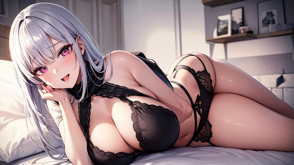 (Highest quality、expensiveディテール:1.1、Very attractive adult beauty、Add vibrant highlight to your eyes、Backwards、look back、A beautiful woman with adult charm、Perfect Anatomy、Silver Hair、Long Hair、Shiny Hair、Lip gloss),1 Girl, alone, Realistic、Please tilt your head a little, short and Shiny Hair、 Knitted sweater、Stylish scarf,bangs、Big eyes、eyelash、Face is a little red、Embarrassing)、((Hotel、On the bed))、Big eyes、生徒にVery strong highlightsを与える、(Huge breasts:1.4}、Very large breasts、Very beautiful beauty、Listen carefully、Long neck、Laugh a little、Beautiful Teeth、Open your mouth and laugh、Heart shaped eyes))、28 years old、Very cute supermodel、expensive、(Sculpture Pose、whole body:1.2)Big Breasts Black Lingerie Black garter belt Black high heels Bare your chest Huge breasts:1.4 Very large breasts Silver Hair Alley Big eyes Very strong highlights Drooling Ahegao Looks so comfortable Lewd Nipple piercing Ecstatic expression Perfect Anatomy One female M-shaped legs Rub your own breasts Crimson Eyes Beautiful legs Intense Sex