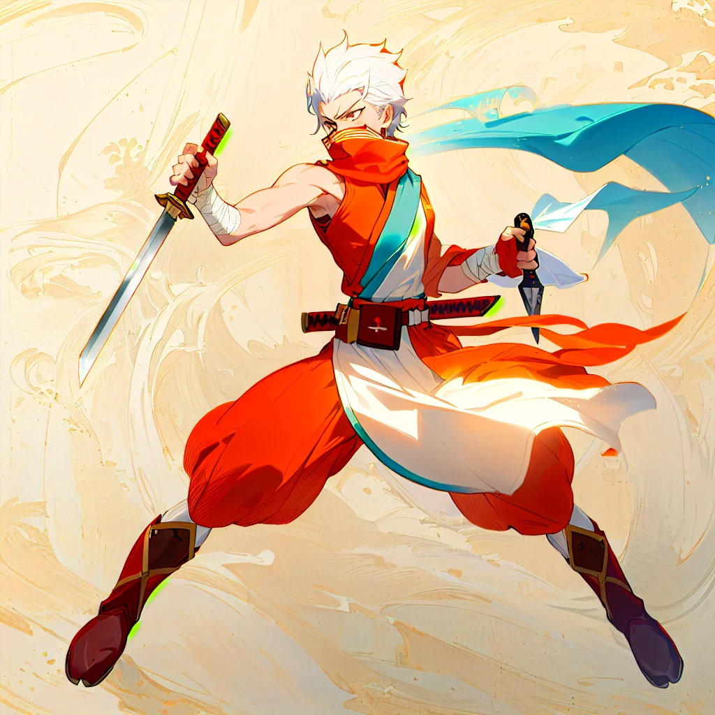 anime character with sword and scarf in a fighting pose, angry character wielding a sword, dramatic wielding sword pose, with large sword, anime style character, inspired by Kamisaka Sekka, anime in fantasy style, clean lineart and color, concept art of a monk, warrior character design, carrying scabbard on his back, picture of an adult Japanese male warrior, white hair, grey eyes, maroon pants, maroon under-shirt, maroon face mask, orange robe with blue trim, red scarf, red belt sash, red kunai tassel, brown leather belt pouches, brown leather boots with orange trim, off white bandage wrapped hands