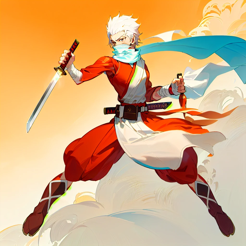 anime character with sword and scarf in a fighting pose, angry character wielding a sword, dramatic wielding sword pose, with large sword, anime style character, inspired by Kamisaka Sekka, anime in fantasy style, clean lineart and color, concept art of a monk, warrior character design, carrying scabbard on his back, picture of an adult Japanese male warrior, white hair, grey eyes, maroon pants, maroon under-shirt, maroon face mask, orange robe with blue trim, red scarf, red belt sash, red kunai tassel, brown leather belt pouches, brown leather boots with orange trim, off white bandage wrapped hands