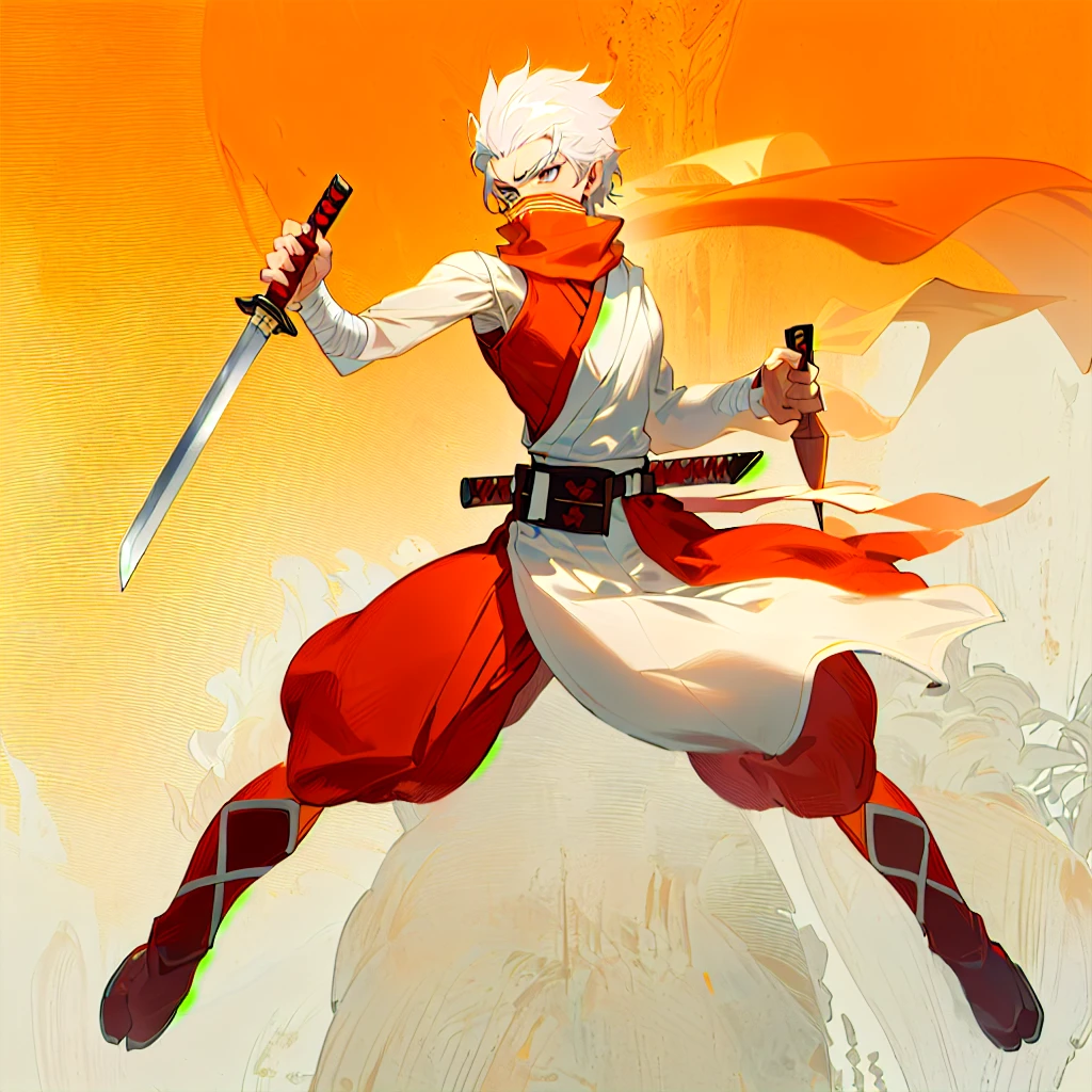 anime character with sword and scarf in a fighting pose, angry character wielding a sword, dramatic wielding sword pose, with large sword, anime style character, inspired by Kamisaka Sekka, anime in fantasy style, clean lineart and color, concept art of a monk, warrior character design, carrying scabbard on his back, picture of an adult Japanese male warrior, white hair, grey eyes, maroon pants, maroon under-shirt, maroon face mask, orange robe with blue trim, red scarf, red belt sash, red kunai tassel, brown leather belt pouches, brown leather boots with orange trim, off white bandage wrapped hands
