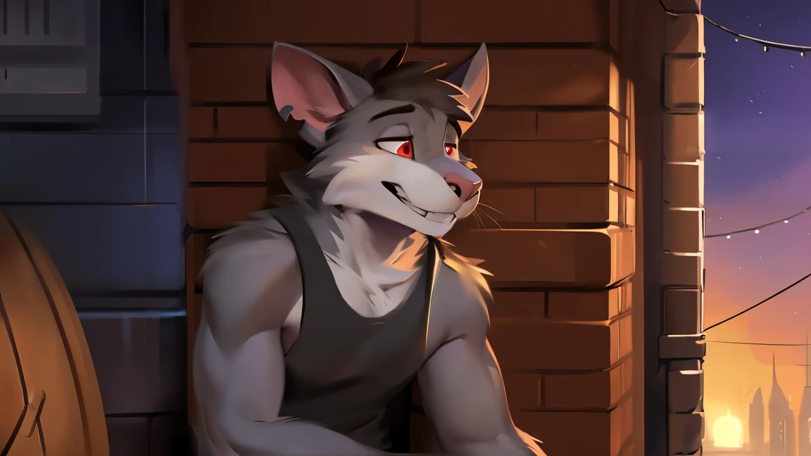 alone, male, ((Department)), (((snout))), (notched ear, rabbit teeth), Delgado, weak, ((tired out, dizzy, tired out eyes, sleepy)), whiskers, gray fur, gray body, claws, (perfect smile, 1.1), rodent, by schmutzo, y lizette, (por bebebebebe 1.2), Delgado, smelly, nervous smile, ((mysticfox61)), by chunie, by no swift, black shorts pink tank top alley, golden hour, PLANTS, Red eyes. Full body looking towards viewer.