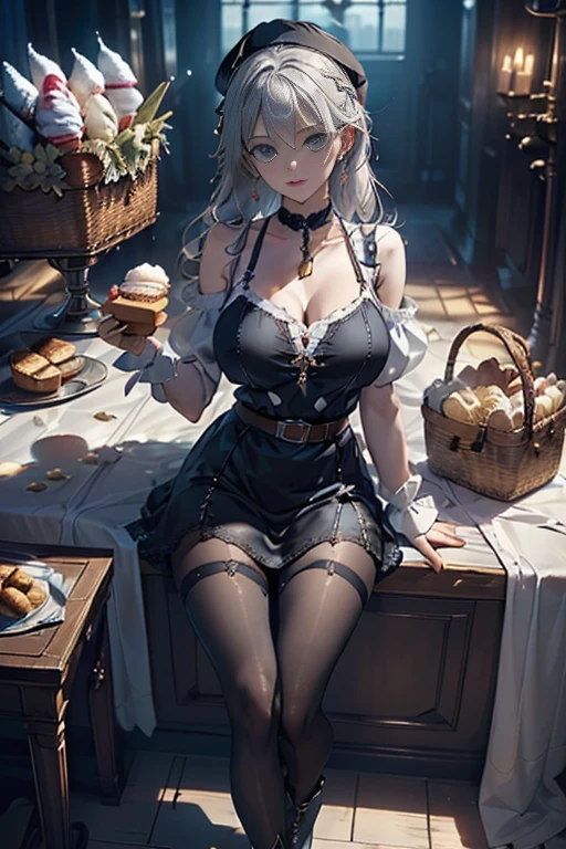 (perky chest:1.2), (pointed chest:1.2),(icecream magazine cover:1.3),(from above:1.2),(shoot from the side:1.1),(((Black Tunic:1.3))),(((cakes and bread in the basket),a 23yo Cute and beautiful girl,masterpiece、highest quality、Very detailed、Beautiful fine details、Detailed landscape、Braided Ponytail、Red camisole、((B cup breasts, Tank top showing underboob:1.0)), thigh strap, bangs, necktie, earrings, nail polish, fishnet pantyhose, silver hair, looking at viewer, full body, bottle, own hands together, belt, food, ring, choker, english text paper:1.2, collared shirt, blue eyes, hat,lace-up boots ,