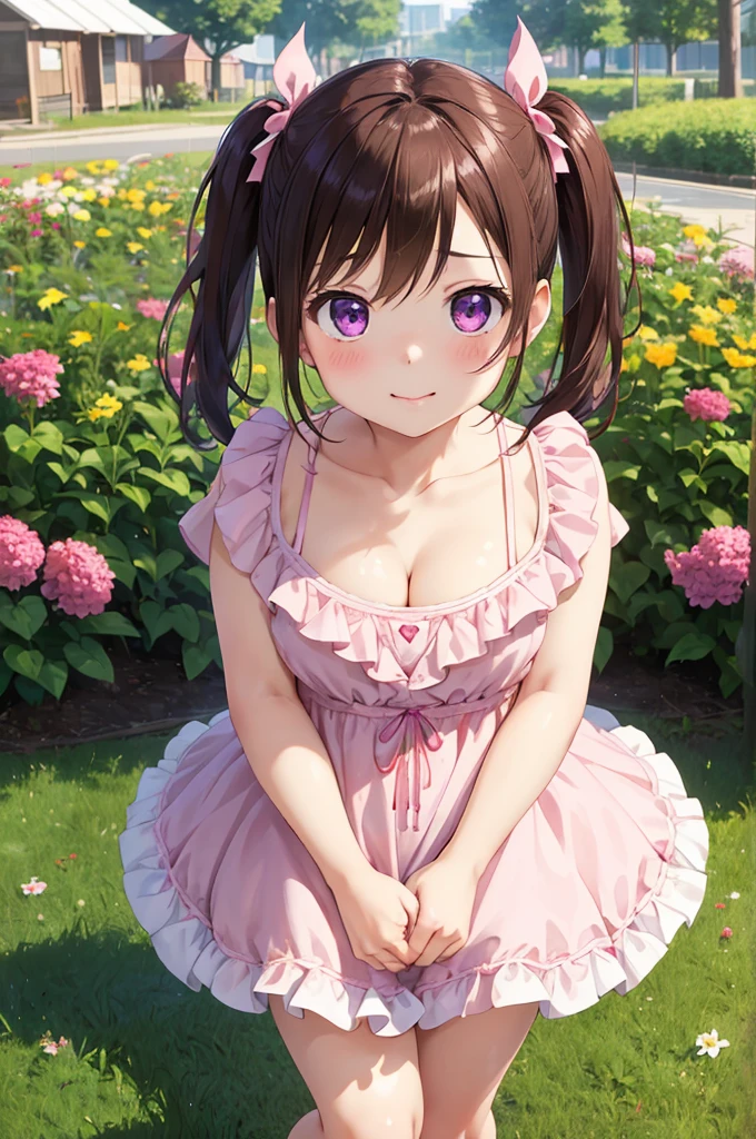 masterpiece, Highest quality, Nico_Yazawa,High resolution, 1 Girl, alone, Brown Hair, , Twin tails、Purple eyes, Cowboy Shot, Ruffled Dress, , Pink too short dress, ((Cleavage))、(Beautiful thighs)、city, Outdoor, garden, ((Big and very cute &#39;Face:1.25))、Chibi Cute:1.5、Browsing Caution