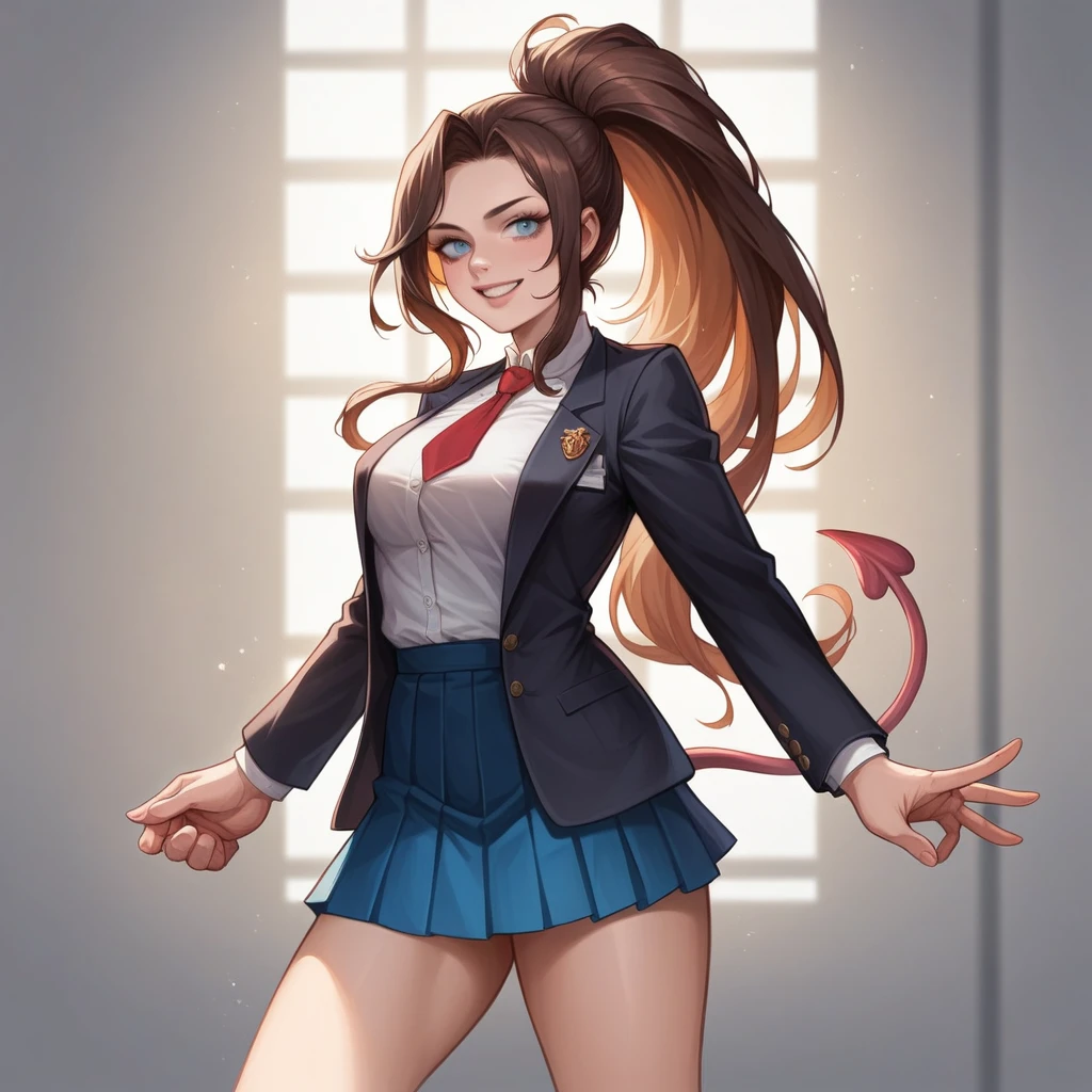 a stunningly beautiful young woman with an athletic yet curvaceous figure, long and silky dark brown hair with reddish highlights, usually tied back in an elegant high ponytail but sometimes worn loose when relaxed, large and expressive deep blue eyes that gleam with a silvery shimmer when her succubus curse is activated, and clear, soft skin with a slight sun-kissed glow, wearing the standard of a white blouse, navy blue pleated skirt, black blazer and red tie, but tailored to accentuate her curves and accessorized with a subtle necklace or bow tie, her expression generally serene and confident with a radiant smile, but with a look of restrained desire when her curse takes hold, 8k, ultra-detailed, photorealistic, professional portrait, dramatic lighting, intricate details, lifelike, fantasy character, dark academia aesthetic