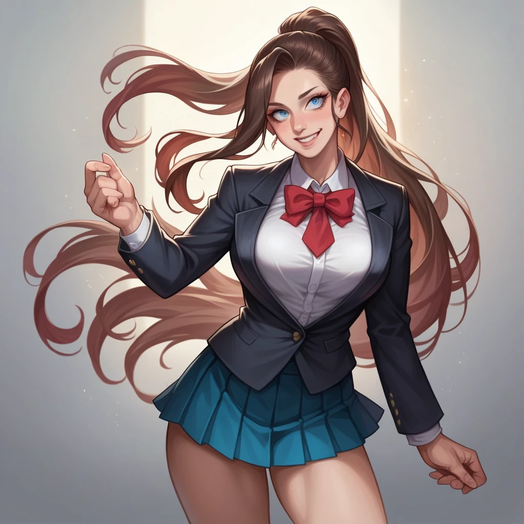 a stunningly beautiful young woman with an athletic yet curvaceous figure, long and silky dark brown hair with reddish highlights, usually tied back in an elegant high ponytail but sometimes worn loose when relaxed, large and expressive deep blue eyes that gleam with a silvery shimmer when her succubus curse is activated, and clear, soft skin with a slight sun-kissed glow, wearing the standard of a white blouse, navy blue pleated skirt, black blazer and red tie, but tailored to accentuate her curves and accessorized with a subtle necklace or bow tie, her expression generally serene and confident with a radiant smile, but with a look of restrained desire when her curse takes hold, 8k, ultra-detailed, photorealistic, professional portrait, dramatic lighting, intricate details, lifelike, fantasy character, dark academia aesthetic