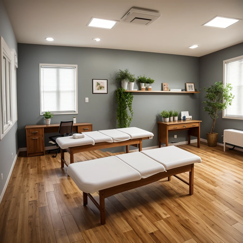 make a massage spa room with the size of 5x5 square meters the wooden floor with gray walls, an air conditioner and artificial plants below a massage table and at the back of the room an office table with a notebook on top with a window right behind