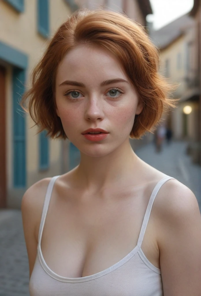 A young woman poses on a quiet street in a resort town. The girl has extremely detailed eyes, beautiful lips, long eyelashes and perfect anatomy. Her fragile body and hands are worked out to the smallest detail, with realistic, photorealistic and the highest quality rendering. The lighting is Rembrandt-esque, creating a dramatic, masterpiece scene. She has a European appearance, with a cute oval face, short red hair and huge breasts. The woman poses in a retro style, looking like a high quality work of photographer David Dubnitsky. Her pale skin shows pores and moles, and she is wearing a tight T-shirt and short shorts. She removes the short shorts and exposes her bare pussy. The scene was shot on a DSLR camera in 8K UHD resolution, with soft lighting and film grain.