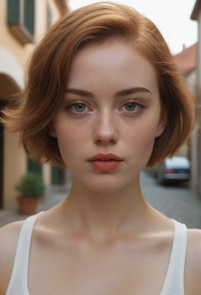 A young woman poses on a quiet street in a resort town. The girl has extremely detailed eyes, beautiful lips, long eyelashes and perfect anatomy. Her fragile body and hands are worked out to the smallest detail, with realistic, photorealistic and the highest quality rendering. The lighting is Rembrandt-esque, creating a dramatic, masterpiece scene. She has a European appearance, with a cute oval face, short red hair and huge breasts. The woman poses in a retro style, looking like a high quality work of photographer David Dubnitsky. Her pale skin shows pores and moles, and she is wearing a tight T-shirt and short shorts. She removes the short shorts and exposes her bare pussy. The scene was shot on a DSLR camera in 8K UHD resolution, with soft lighting and film grain.