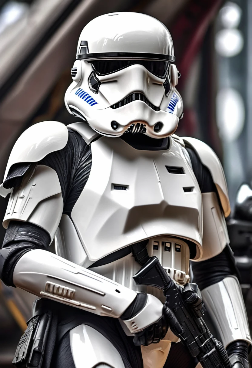 perfect hands, perfect finger,perfect anatomy, masterpiece, best quality,realistic, hyperrealistic, 16k hdr,1 mature female,,white Stormtrooper in Star wars,damaged white full face met,damaged white armor,large breasts,