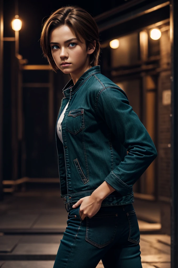 HDR, Dragon Ball, warrior, anime, 2K, 4k, 8k, Masterpiece, high resolution, Detailed reflections, 1 girl, Alone, Delgado, athletic, light brown hair, short hair, {detailed green eyes}, {highlight light brown hair}, perfect, Perfect eyes, {beautiful detailed face}, red or navy blue jacket, dark blue t-shirt, black denim pants, night city background, cinematographic, standing, martial artist intention, hands, adolescent, realist, {clear and detailed face}