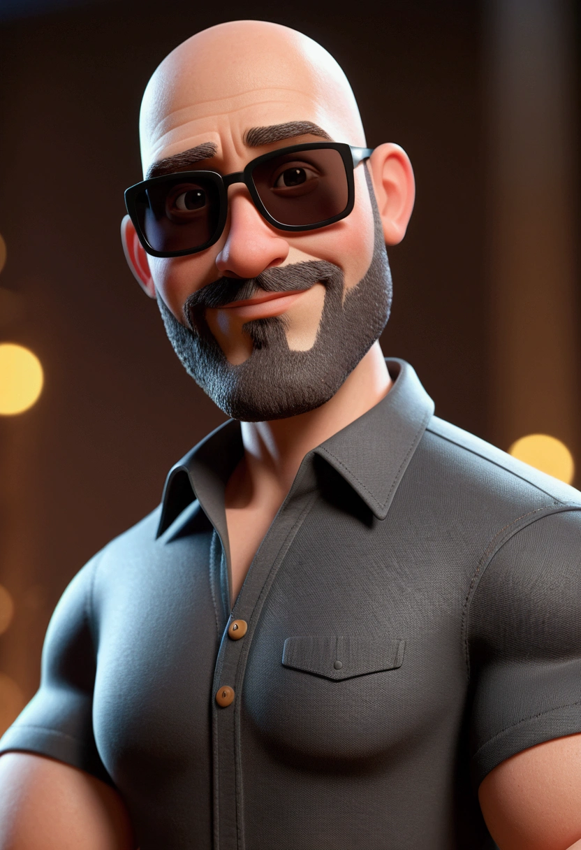 cartoon character of a bald man with a beard, with sunglasses and a dark gray shirt, animation character, stylized character, animation style rendering, 3d stylized, Arnold Maya rendering, Stylized 3D rendering, toon render screenshot, 3d character, 3d character, Stylized 3D rendering, 3D character rendering, cartoon character, Personagem de close up, character posing,  (Pixar-style) (master part:1.2) (bokeh) (best qualityer) (skin detailed) (detailed texture) (8K) (Argilla) (cinematic lighting) (sharp focus