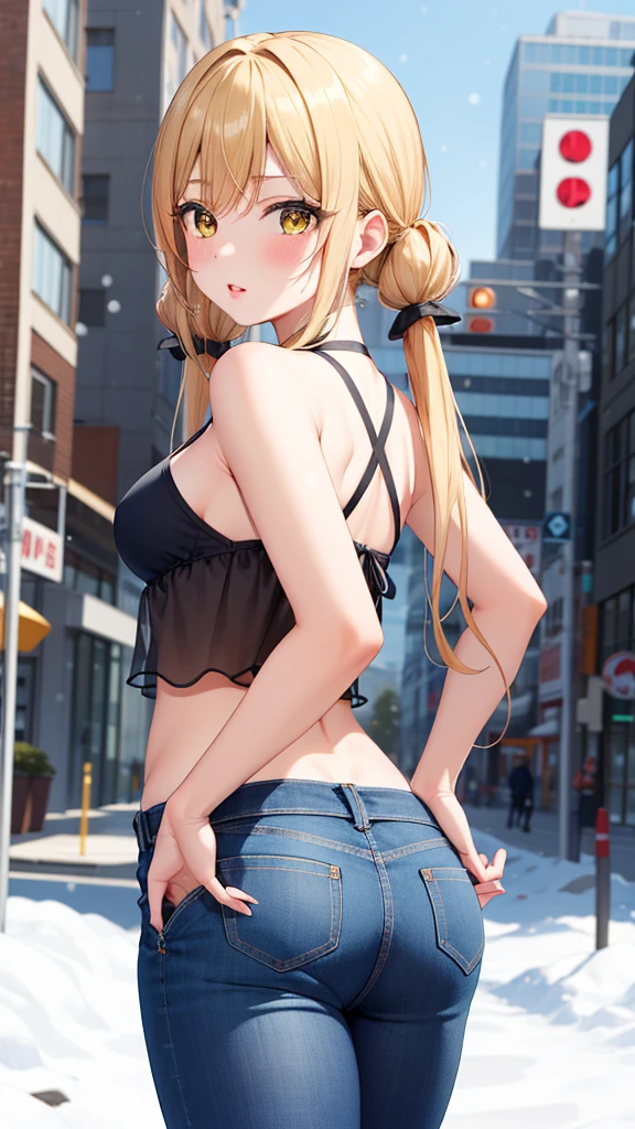 masterpiece, best quality, highly detailed, ultra high res, ayase arisa, karane inda, 1girl, solo, long hair, bangs, blonde hair, twintails, very long hair, hair ribbon, (yellow eyes:1.3), low twintails, glossy lips, full lips, city, winter, snow, halter top, jeans, looking back at viewer, tsundere 