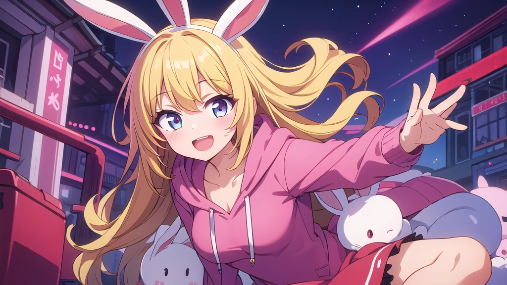 Masterpiece, best quality, high resolution, a girl, white bunny ears, blond hair, pink hoodie, red top, red petticoat, open mouth, smile,