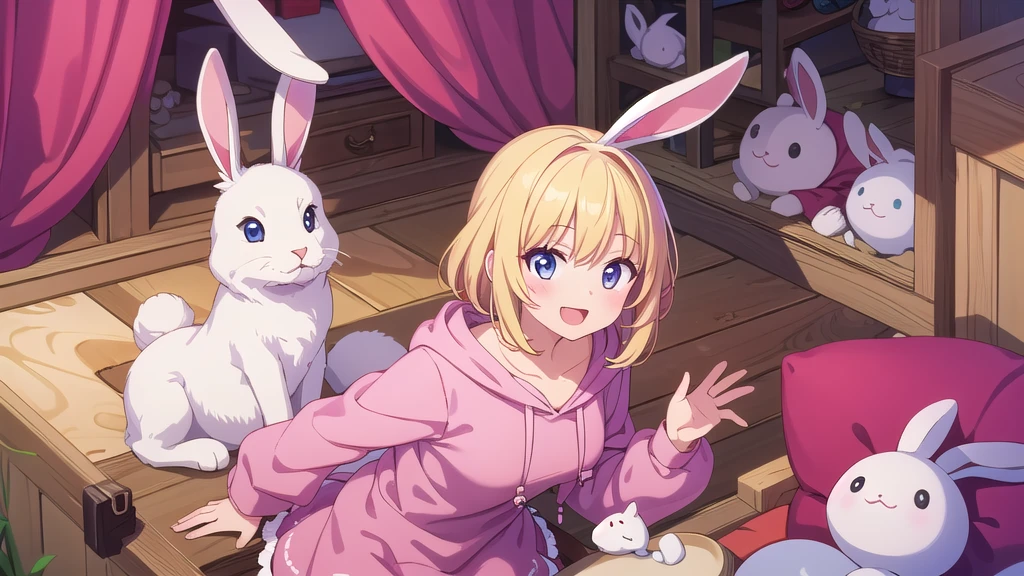 Masterpiece, best quality, high resolution, a girl, white bunny ears, blond hair, pink hoodie, red top, red petticoat, open mouth, smile,