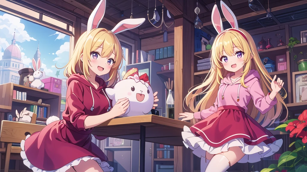 Masterpiece, best quality, high resolution, a girl, white bunny ears, blond hair, pink hoodie, red top, red petticoat, open mouth, smile,
