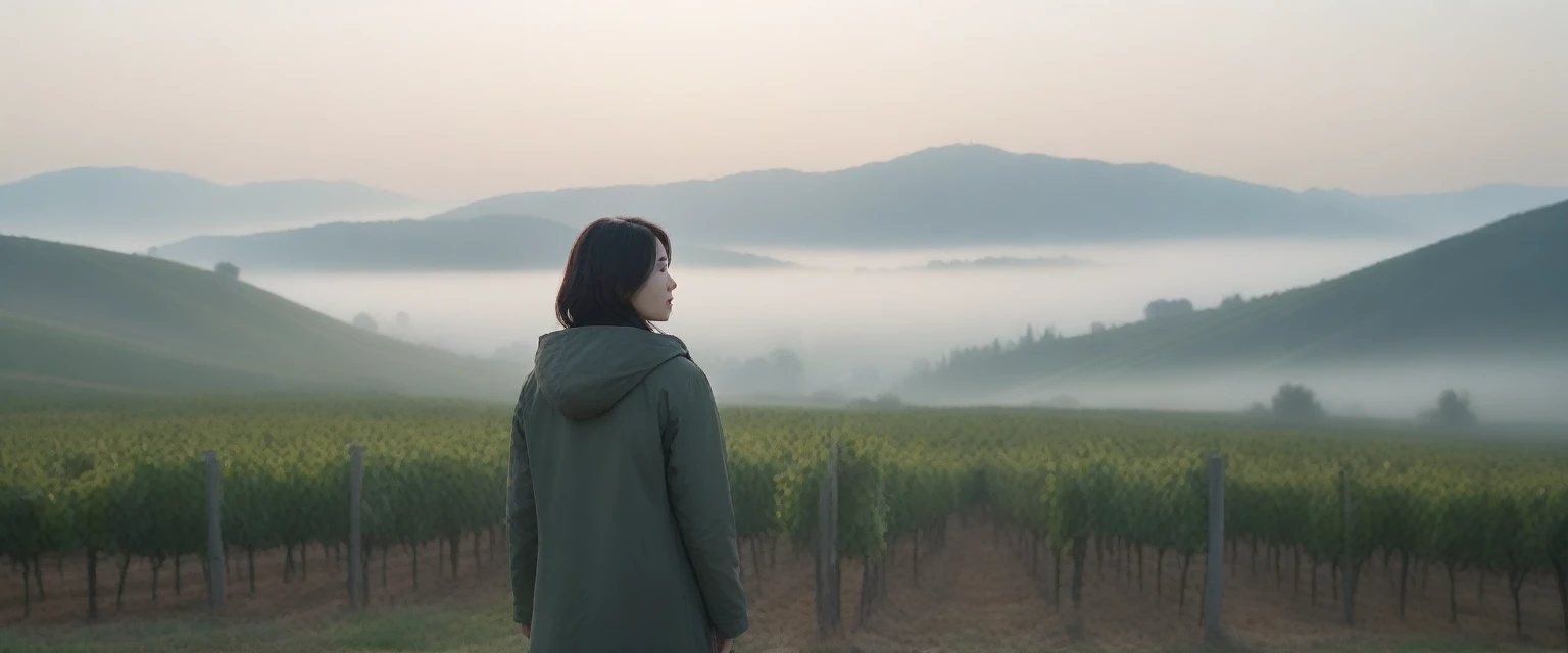 8k best picture quality, Beautiful 36-year-old Korean woman, Chest size 34 inches, The cathedral can be seen through the early morning fog past the vineyards in the Croatian countryside., The back background is realistic and vivid image quality, short and medium hair, Wearing a light parka and casual pants,Perfect and realistic photos, The background is realistic. Full body shot with Canon camera 16-35 wide angle lens, expressionless, Standing on a vineyard hill covered in thick fog