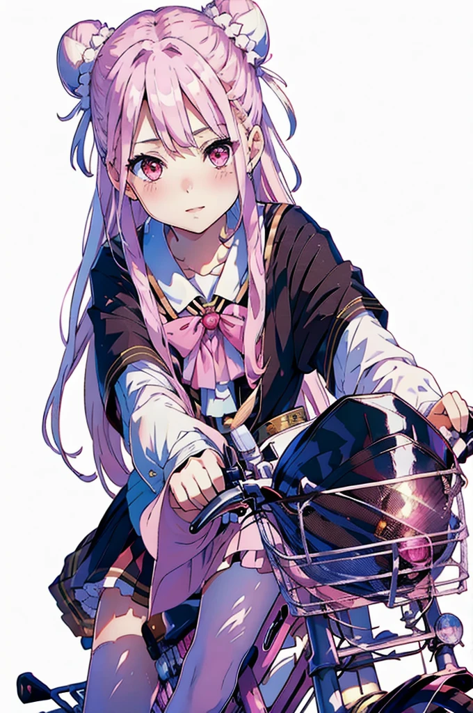 masterpiece, (((Highest quality))), (((High resolution))), {Detailed and beautiful eyes}, finely, Detailed and beautiful eyes,1 Girl, (Hair Ribbon:0.4), Pink Eyes,Cinematic Angles,perspective,(((White bun hair))),(((Long pink hair))),ride a bicycle, smile,Kunimi Tama,
