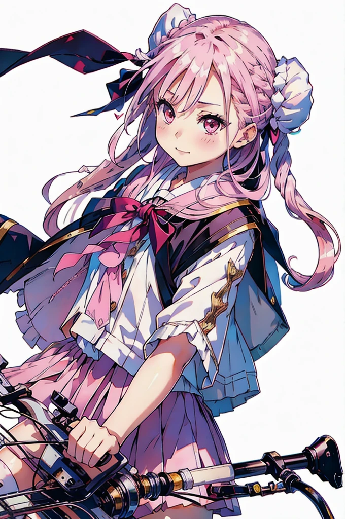 masterpiece, (((Highest quality))), (((High resolution))), {Detailed and beautiful eyes}, finely,  Detailed and beautiful eyes,1 Girl, (Hair Ribbon:0.4), Pink Eyes,Cinematic Angles,perspective,(((White bun hair))),(((Long pink hair))),ride a bicycle, smile,Kunimi Tama,