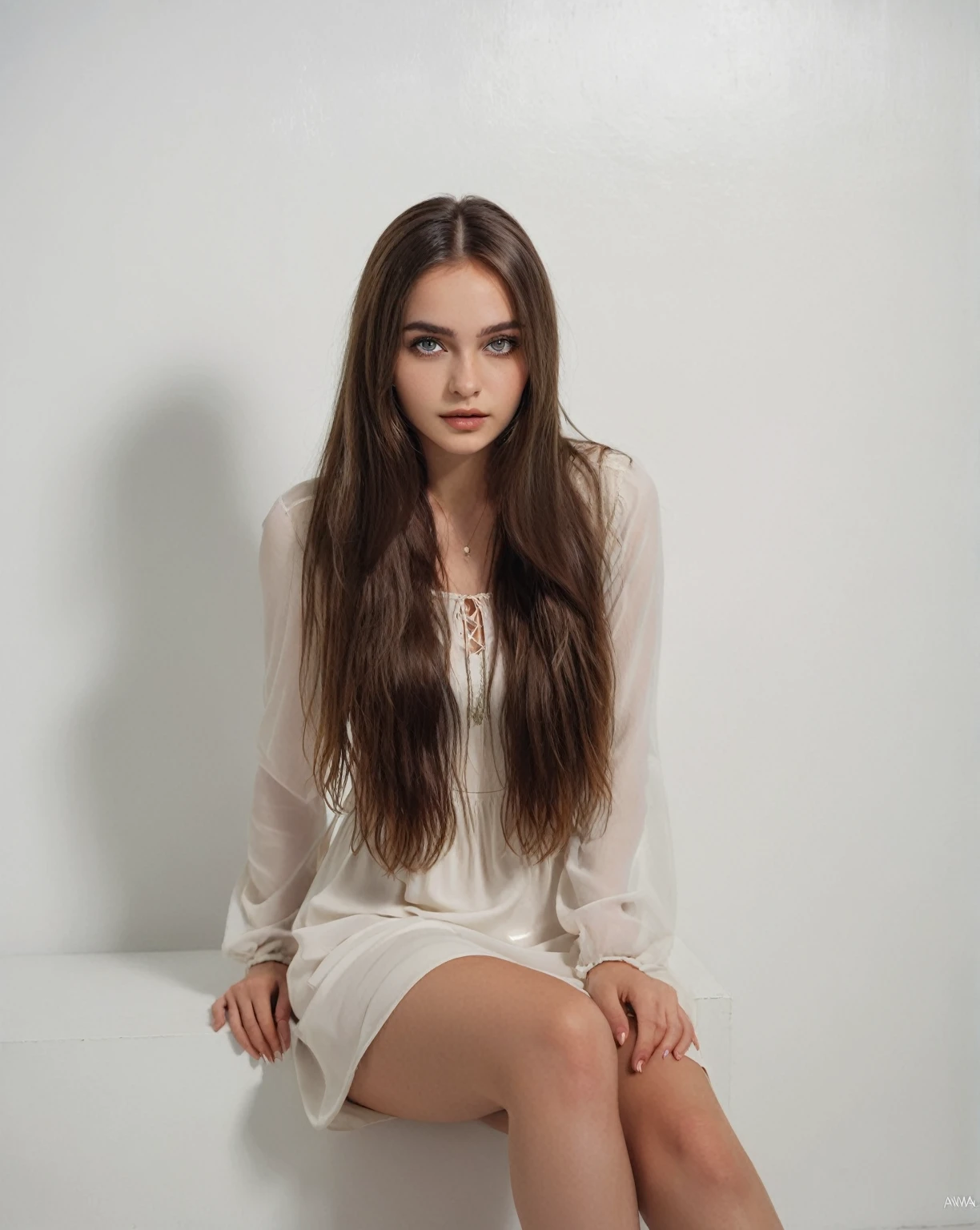 Arafed woman sitting on a white surface wearing a white dress., with long hair, Anna Nikonova aka Newmilky, pose casual, solo photo shoot, Alina Ivánchenko, 18 years, 2 4 year old female model, with long hair and piercing eyes, promotional photo shoot, wearing a nice white dress, young with long hair, Violet Myers