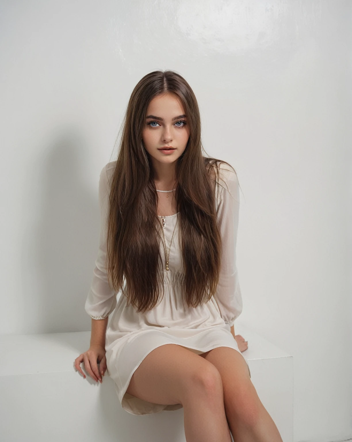 Arafed woman sitting on a white surface wearing a white dress., with long hair, Anna Nikonova aka Newmilky, pose casual, solo photo shoot, Alina Ivánchenko, 18 years, 2 4 year old female model, with long hair and piercing eyes, promotional photo shoot, wearing a nice white dress, young with long hair, Violet Myers