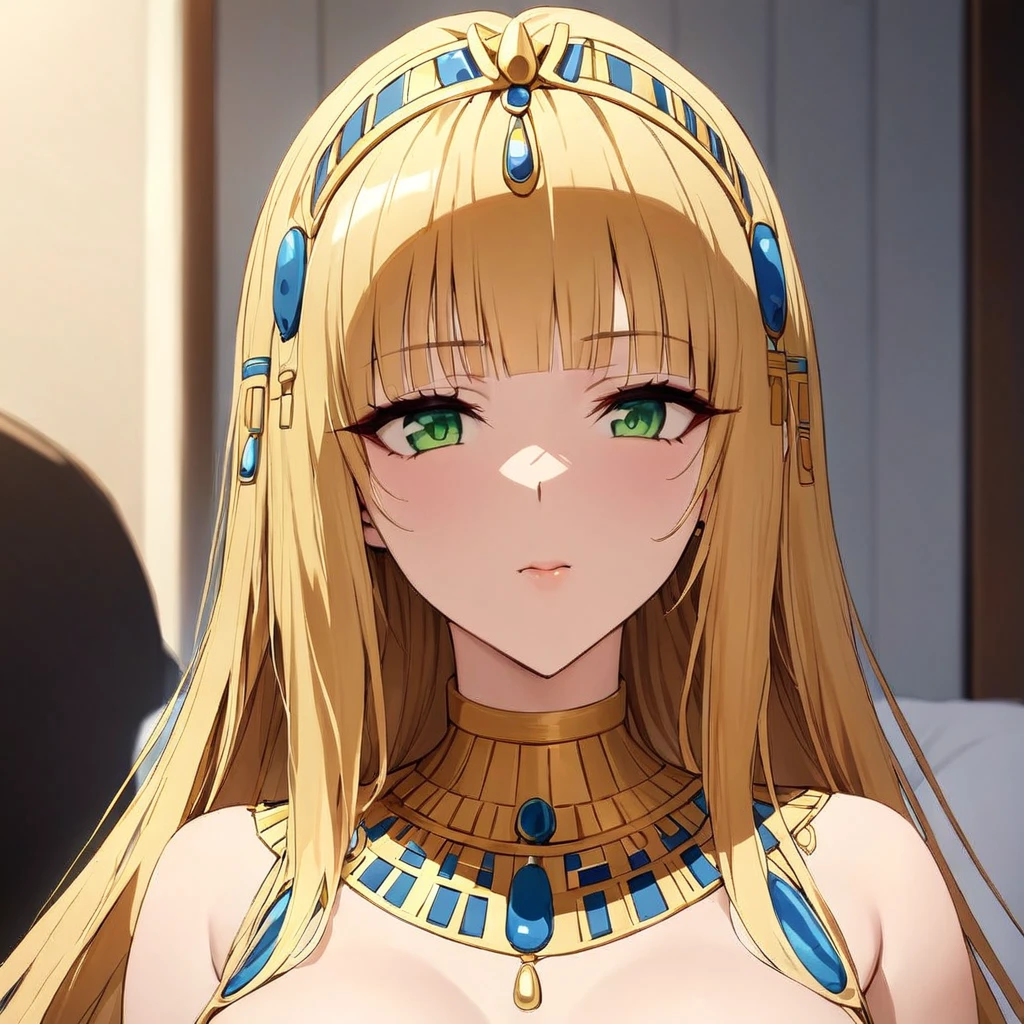 ((Highest quality)), ((masterpiece)), (detailed), （Perfect Face）、The woman is a Tiare, with green eyes, medium-long blonde hair, and is wearing the luxurious ancient Egyptian royal attire of Cleopatra, the queen of ancient Egypt.