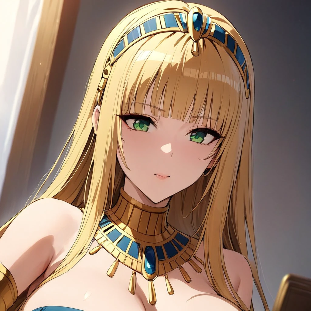 ((Highest quality)), ((masterpiece)), (detailed), （Perfect Face）、The woman is a Tiare, with green eyes, medium-long blonde hair, and is wearing the luxurious ancient Egyptian royal attire of Cleopatra, the queen of ancient Egypt.