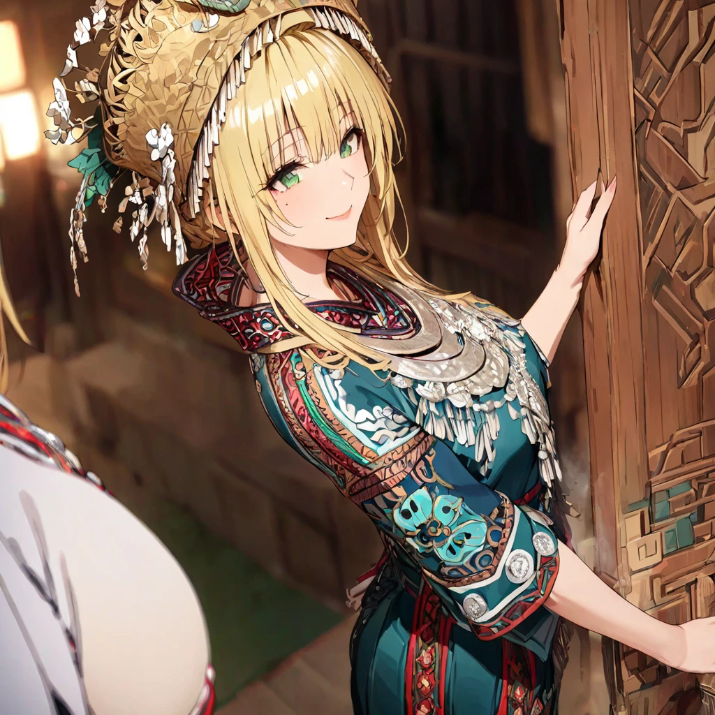 ((Highest quality)), ((masterpiece)), (detailed), (Perfect Face)、The woman is a Tier, with green eyes, medium blonde hair, ethnic medicine and a gorgeous hat.、Smiling with a gentle smile、The woman is being shown her outfit、The whole body is in the frame
