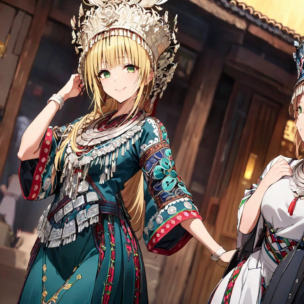 ((Highest quality)), ((masterpiece)), (detailed), (Perfect Face)、The woman is a Tier, with green eyes, medium blonde hair, ethnic medicine and a gorgeous hat.、Smiling with a gentle smile、The woman is being shown her outfit、The whole body is in the frame