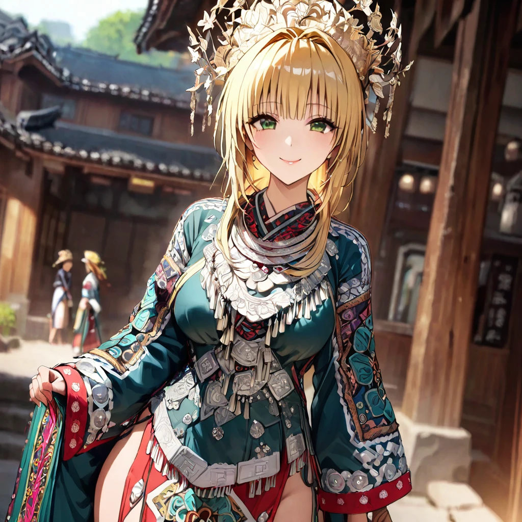 ((Highest quality)), ((masterpiece)), (detailed), (Perfect Face)、The woman is a Tier, with green eyes, medium blonde hair, ethnic medicine and a gorgeous hat.、Smiling with a gentle smile、The woman is being shown her outfit、The whole body is in the frame