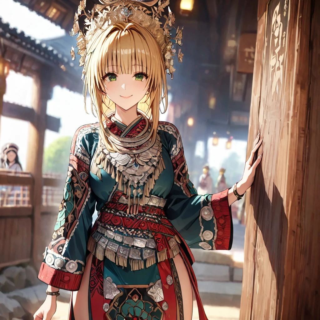 ((Highest quality)), ((masterpiece)), (detailed), (Perfect Face)、The woman is a Tier, with green eyes, medium blonde hair, ethnic medicine and a gorgeous hat.、Smiling with a gentle smile、The woman is being shown her outfit、The whole body is in the frame